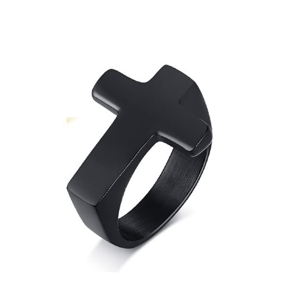 Rockyu メンズリング クロスモチーフ ブラックステンレス 十字架デザイン指輪