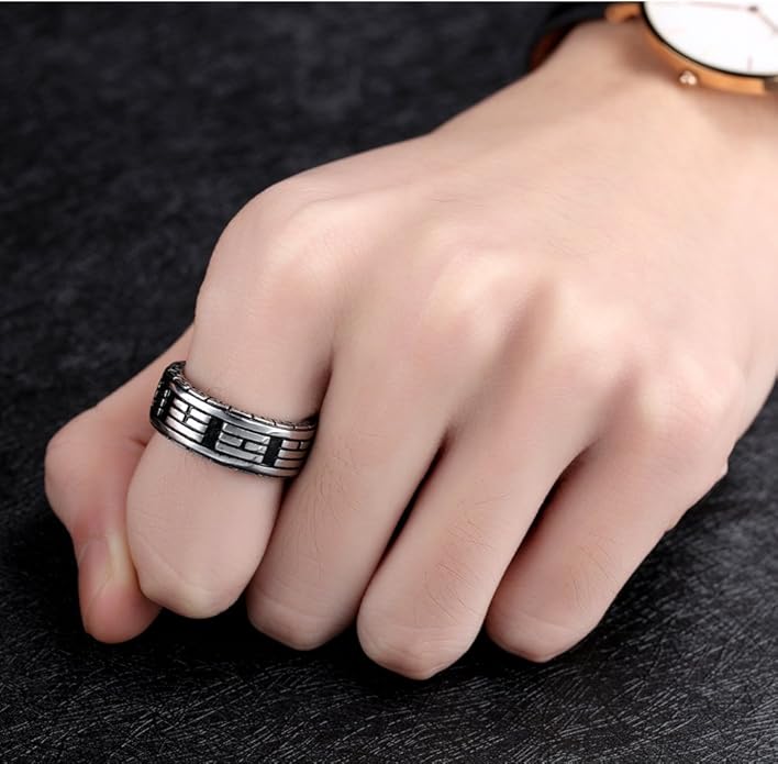 Rockyu メンズ ステンレスリング 六字真言デザイン 透かし彫り 8mm幅