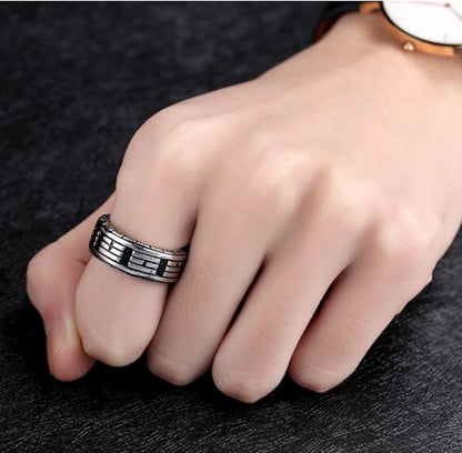 Rockyu メンズ ステンレスリング 六字真言デザイン 透かし彫り 8mm幅