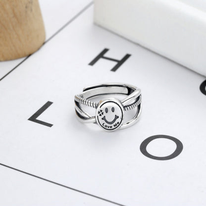 Rockyu スマイル刻印リング シルバー925 ニコニコ笑顔モチーフ フリーサイズ