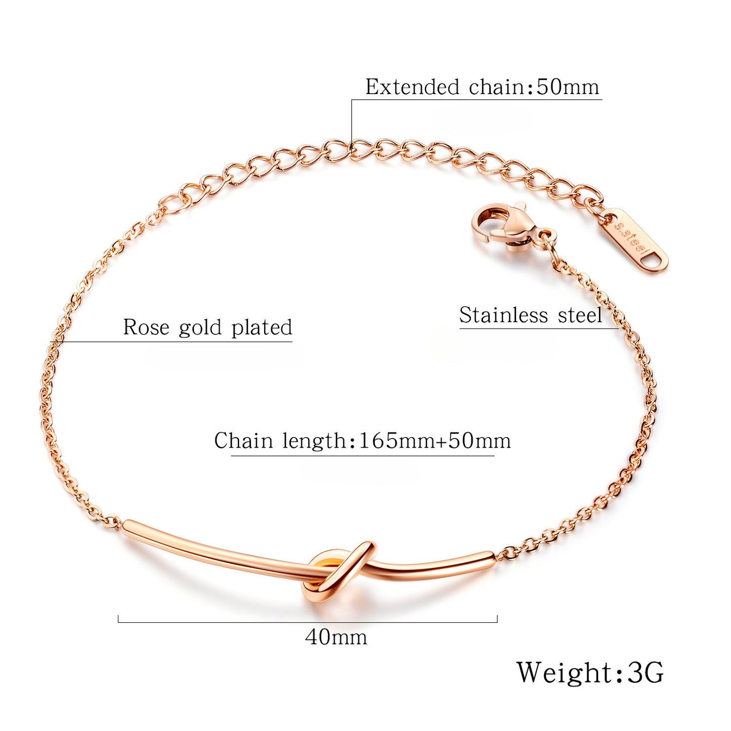 Rockyu ブレスレット レディース 蝶結び ピンクゴールド 細チェーン 18Kメッキ