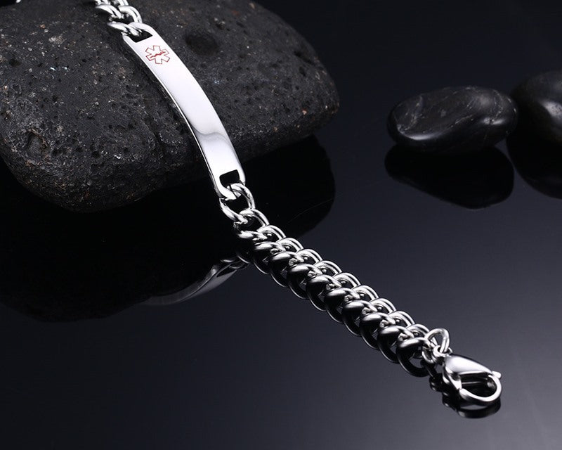 Rockyu ブランド ジュエリー ブレスレット メンズ ステンレス チタン シルバー マークデザイン 刻印 プレート ビジネス ギフト