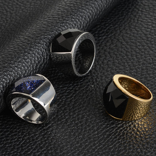 ワイドストーン印台リング｜Rockyu ステンレス製 メンズ＆ユニセックス ファッションリング 多彩な煌めきで個性を演出