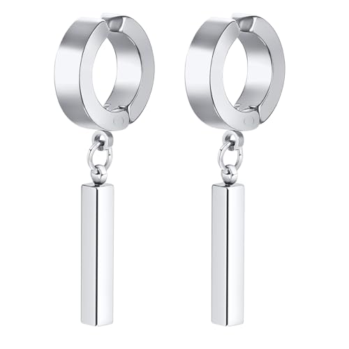 Rockyu メンズ ピアス スティックペンダント リングピアス バーイヤーカフ ブラック＆シルバー ステンレス製