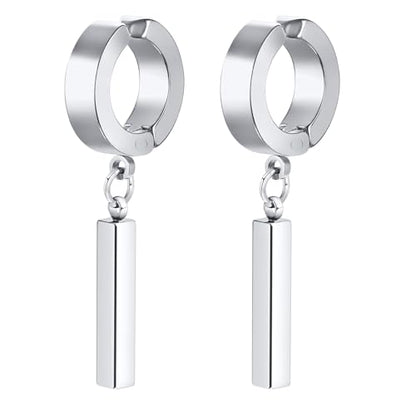 Rockyu メンズ ピアス スティックペンダント リングピアス バーイヤーカフ ブラック＆シルバー ステンレス製