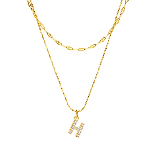 Rockyu イニシャルネックレス レディース ゴールド A〜Z 26文字 ジルコニア 二連チェーン ステンレス製 金属アレルギー対応
