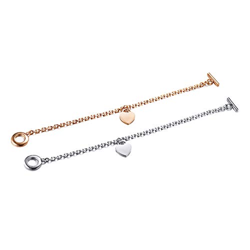 Rockyu レディースブレスレット ハートチャーム付き チタン製OTマンテルチェーン ピンクゴールド