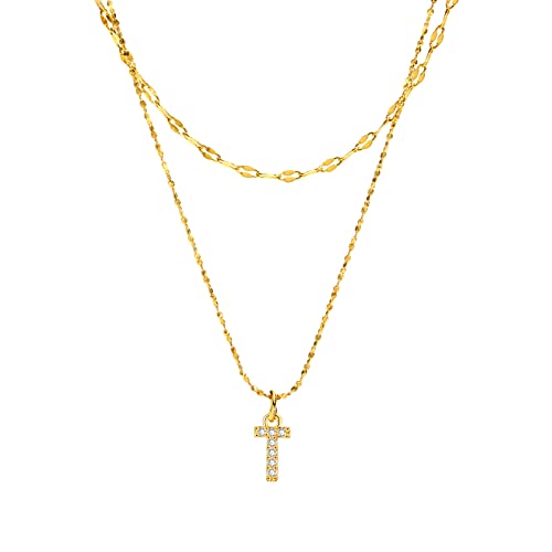 Rockyu イニシャルネックレス レディース ゴールド A〜Z 26文字 ジルコニア 二連チェーン ステンレス製 金属アレルギー対応