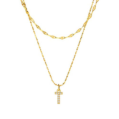 Rockyu イニシャルネックレス レディース ゴールド A〜Z 26文字 ジルコニア 二連チェーン ステンレス製 金属アレルギー対応