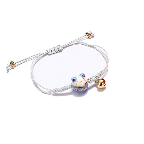 Rockyu ブレスレット レディース 招き猫 陶磁器 鈴付き 編み込み 紐タイプ 幸運お守り