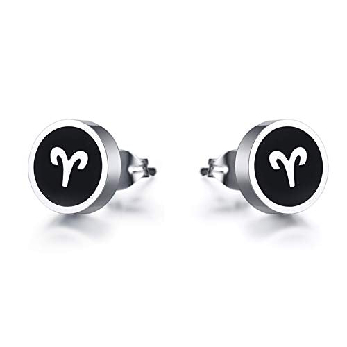 Rockyu 星座ピアス 8mm ブラックステンレス アンティーク風ユニセックスアクセ