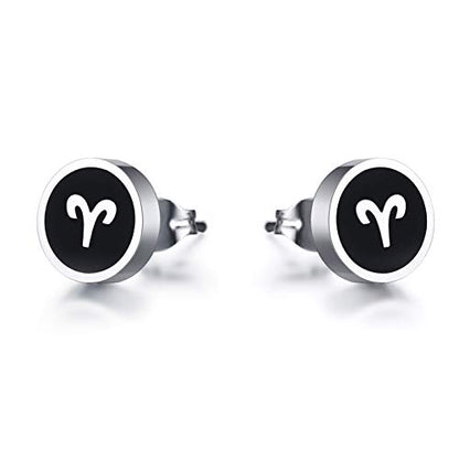 Rockyu 星座ピアス 8mm ブラックステンレス アンティーク風ユニセックスアクセ