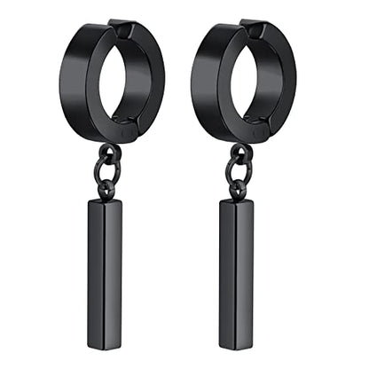 Rockyu メンズ ピアス スティックペンダント リングピアス バーイヤーカフ ブラック＆シルバー ステンレス製