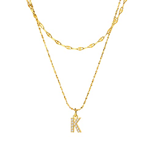 Rockyu イニシャルネックレス レディース ゴールド A〜Z 26文字 ジルコニア 二連チェーン ステンレス製 金属アレルギー対応
