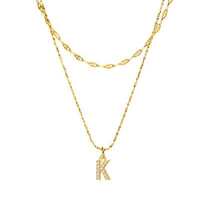 Rockyu イニシャルネックレス レディース ゴールド A〜Z 26文字 ジルコニア 二連チェーン ステンレス製 金属アレルギー対応