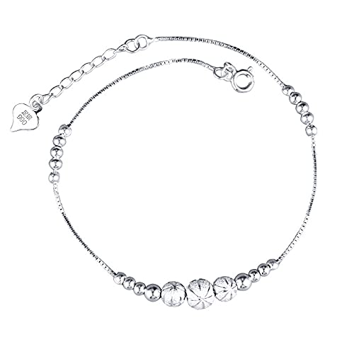 S990純銀製アンクレット レディース｜煌めく中空ビーズ＆ハートチャーム付