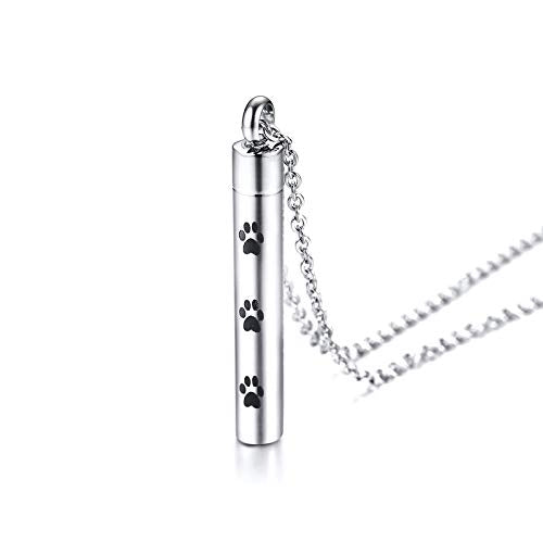 Rockyu メモリアルネックレス ペット 足あと刻印 円柱型 遺骨ペンダント ステンレス製 シルバー 50cmチェーン付き