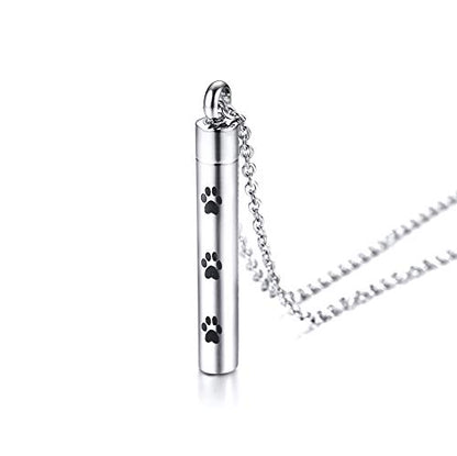 Rockyu メモリアルネックレス ペット 足あと刻印 円柱型 遺骨ペンダント ステンレス製 シルバー 50cmチェーン付き
