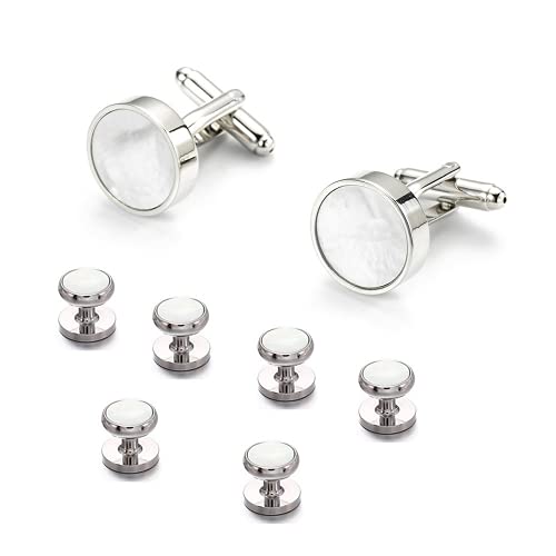 Rockyu カフス＆スタッドセット 白蝶貝デザイン ラウンド型 シルバー仕上げ フォーマルアクセサリー