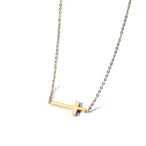 Rockyu 十字架ネックレス ピンクゴールド ステンレス製 シンプルクロス チェーンアクセサリー