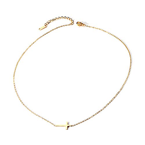 Rockyu 十字架ネックレス ピンクゴールド ステンレス製 シンプルクロス チェーンアクセサリー