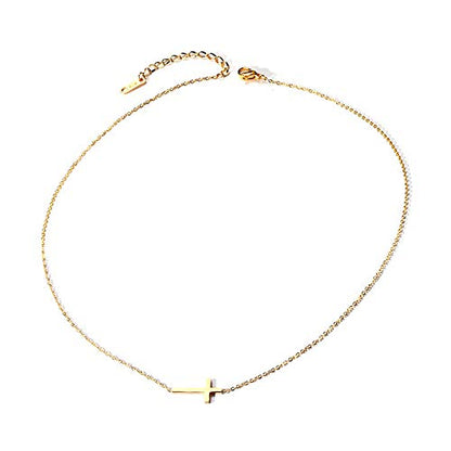 Rockyu 十字架ネックレス ピンクゴールド ステンレス製 シンプルクロス チェーンアクセサリー