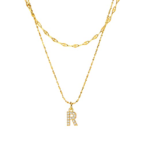 Rockyu イニシャルネックレス レディース ゴールド A〜Z 26文字 ジルコニア 二連チェーン ステンレス製 金属アレルギー対応