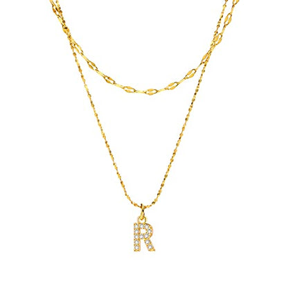 Rockyu イニシャルネックレス レディース ゴールド A〜Z 26文字 ジルコニア 二連チェーン ステンレス製 金属アレルギー対応