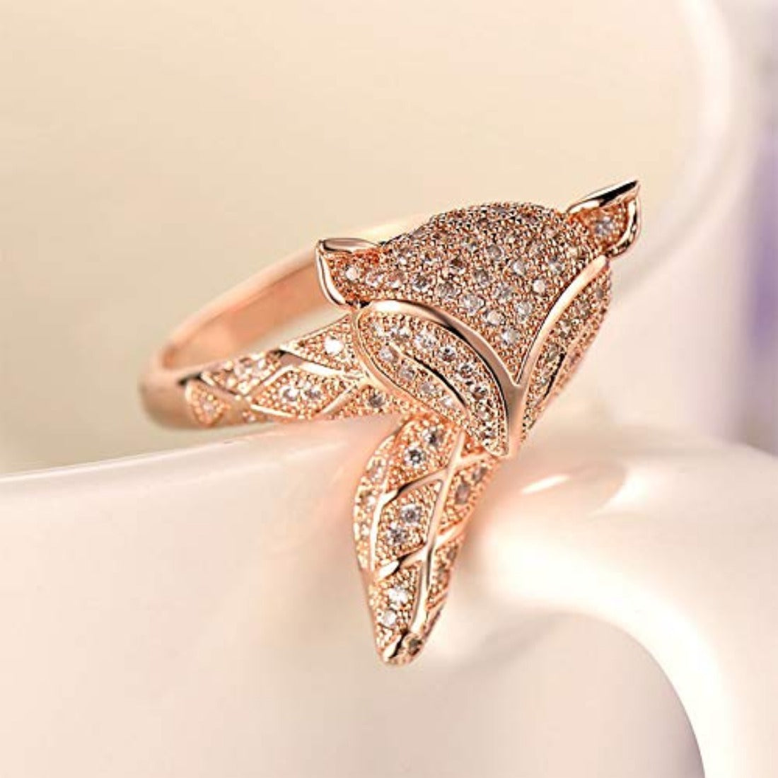 Rockyu 指輪 レディース 小狐デザイン 開口リング キュービックジルコニア付き 玫瑰金・シルバー仕上げ