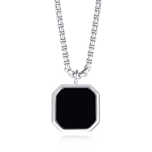 Rockyu スクエアペンダントネックレス｜天然石×ステンレス 60cmチェーン メンズ