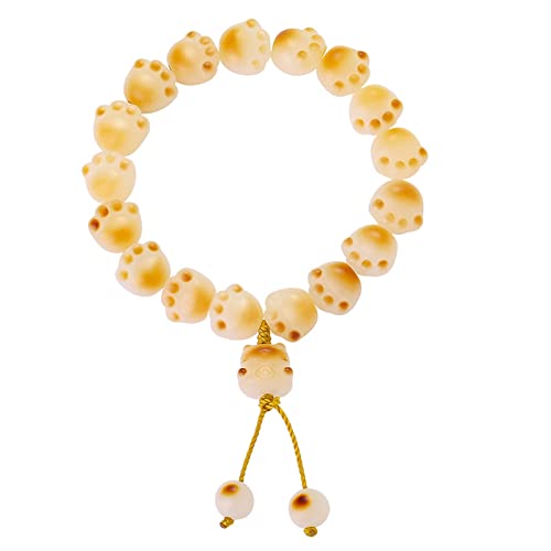 Rockyu レディース 猫肉球ブレスレット 白玉菩提×炭焼き風 数珠デザイン お守りアクセサリー
