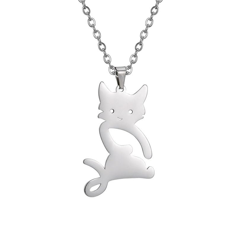 Rockyu 猫ネックレス レディース ステンレス製 シンプル 黒猫ペンダント 金属アレルギー対応
