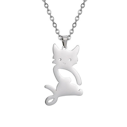 Rockyu 猫ネックレス レディース ステンレス製 シンプル 黒猫ペンダント 金属アレルギー対応