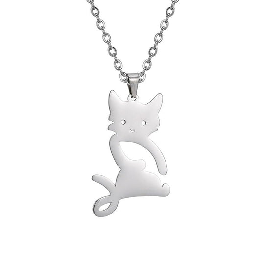 Rockyu 猫ネックレス レディース ステンレス製 シンプル 黒猫ペンダント 金属アレルギー対応