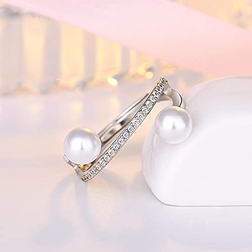 Rockyu 指輪 レディース パール リング シルバー ピンクゴールド ジルコニア 2粒デザイン フリーサイズ