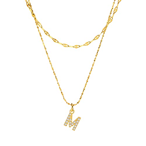 Rockyu イニシャルネックレス レディース ゴールド A〜Z 26文字 ジルコニア 二連チェーン ステンレス製 金属アレルギー対応