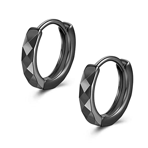 Rockyu 菱形リングピアス メンズ｜ブラック＆シルバー フープピアス 金属アレルギー対応