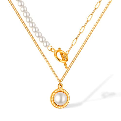 Rockyu パールネックレス レディース 2連 ゴールド ステンレス製 OTチェーン パールペンダント 調整可能 エレガント 結婚式 パーティー