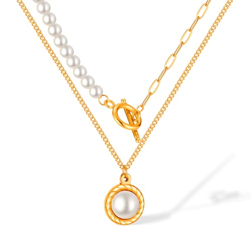 Rockyu パールネックレス レディース 2連 ゴールド ステンレス製 OTチェーン パールペンダント 調整可能 エレガント 結婚式 パーティー