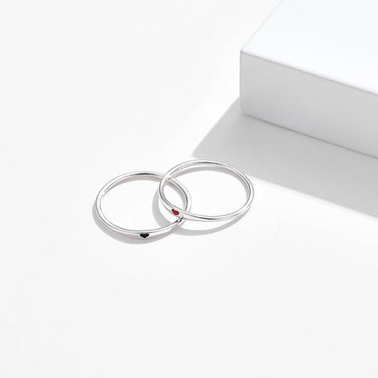 Rockyu ハートモチーフ シルバー925 レディースリング ブラック＆レッド ペア可愛い細身リング
