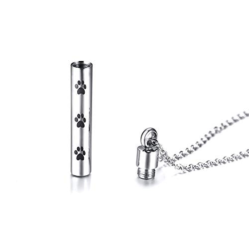 Rockyu メモリアルネックレス ペット 足あと刻印 円柱型 遺骨ペンダント ステンレス製 シルバー 50cmチェーン付き