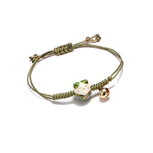 Rockyu ブレスレット レディース 招き猫 陶磁器 鈴付き 編み込み 紐タイプ 幸運お守り