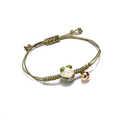 Rockyu ブレスレット レディース 招き猫 陶磁器 鈴付き 編み込み 紐タイプ 幸運お守り