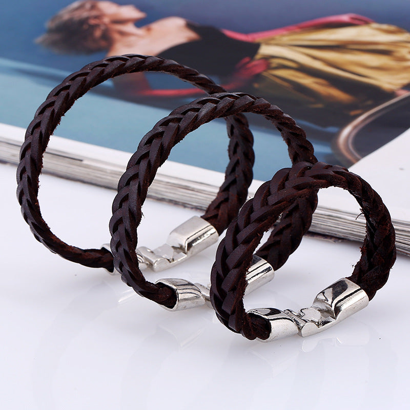 Rockyu レザーブレスレット メンズ 編み込みバングル PUレザー製｜ブラック＆ブラウン 全3サイズ