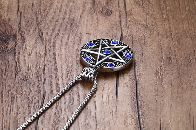 Rockyu メンズ ペンタグラムネックレス シルバー ステンレス製 守護魔除け 五芒星 ペンダント チェーン付き