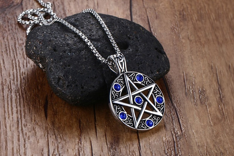 Rockyu メンズ ペンタグラムネックレス シルバー ステンレス製 守護魔除け 五芒星 ペンダント チェーン付き