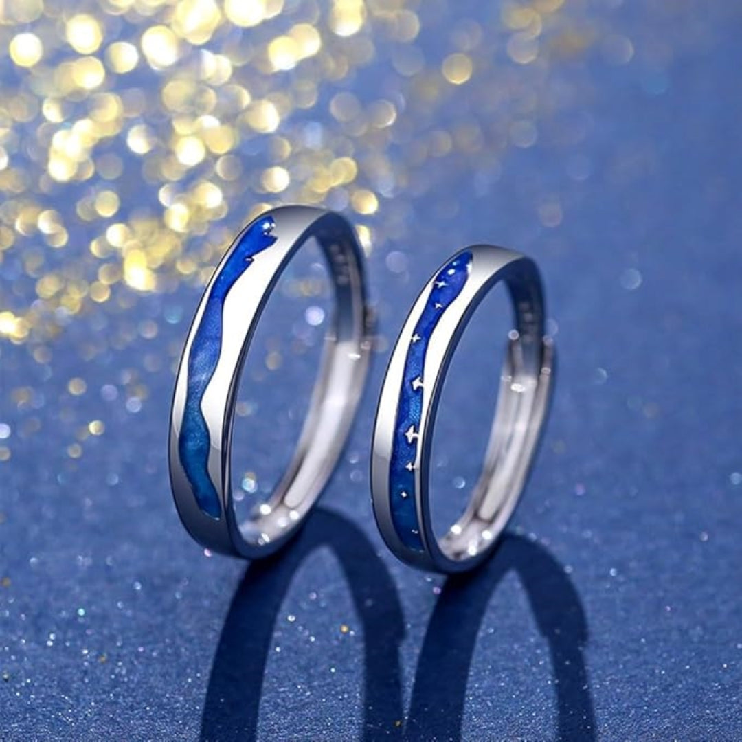 Rockyu ペアリング フリーサイズ シルバー925 青波と星空モチーフ カップル指輪