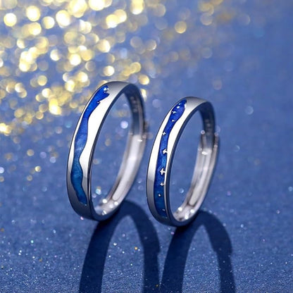 Rockyu ペアリング フリーサイズ シルバー925 青波と星空モチーフ カップル指輪