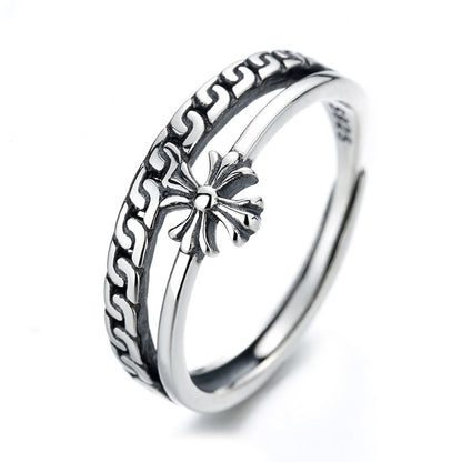 Rockyu シルバー925 レディースリング｜クロス＆チェーン風デザイン 二連風フリーサイズリング