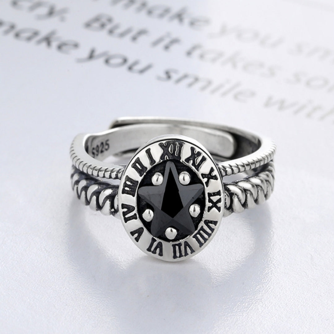 Rockyu ブラックストーン＆星モチーフ シルバー925リング メンズ・レディース対応